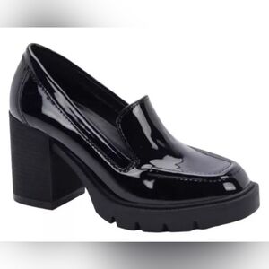 Blondo Jonah Heeled Platform Lug Sole Loafers, Black Patent Leather, Sz 11, EUC